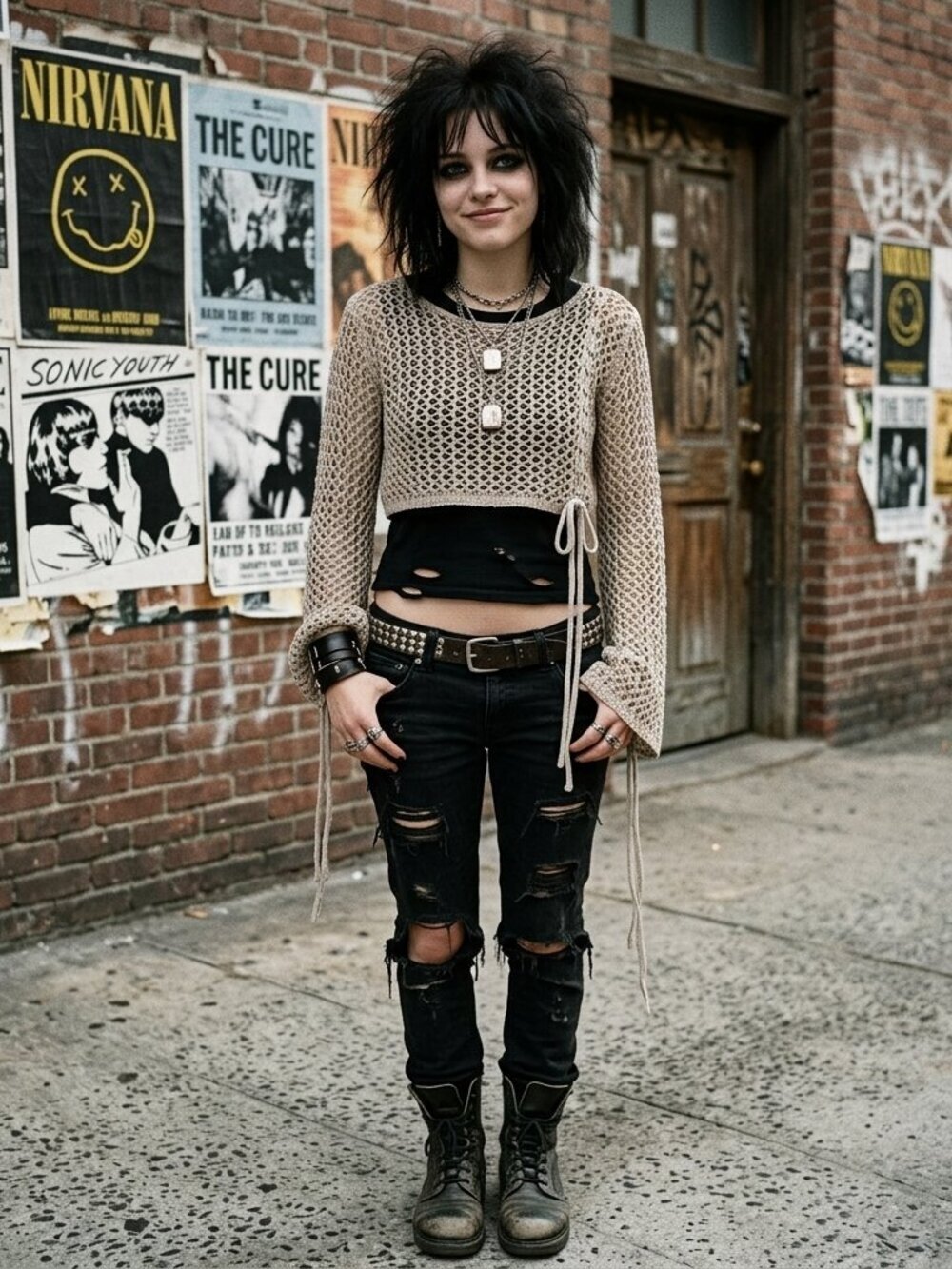 Y2K Crochet Sweater M Bell Sleeve Sheer Brown Indie Fairy Grunge Boho Hippie